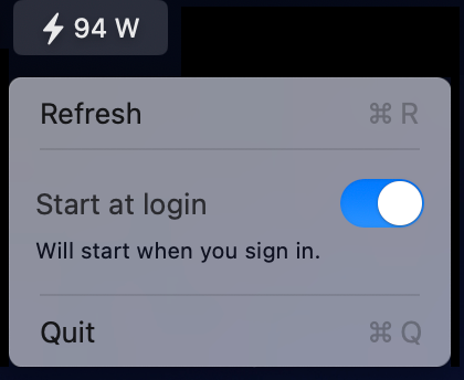 Watt The Plug menu showing 94 W and Start at login toggle